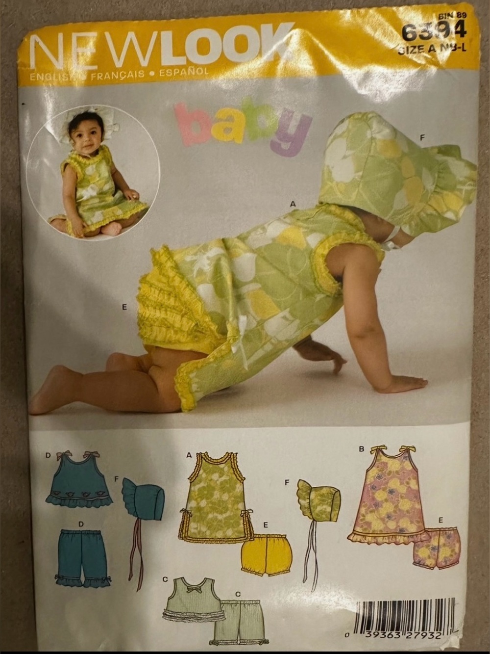 #1383‎ Ruffled Baby Sunsuit pattern with bonnet.